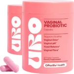 Dos frascos rosados de probióticos vaginales URO, con cápsulas visibles al frente. Etiqueta indica 60 cápsulas veganas para flora vaginal saludable.