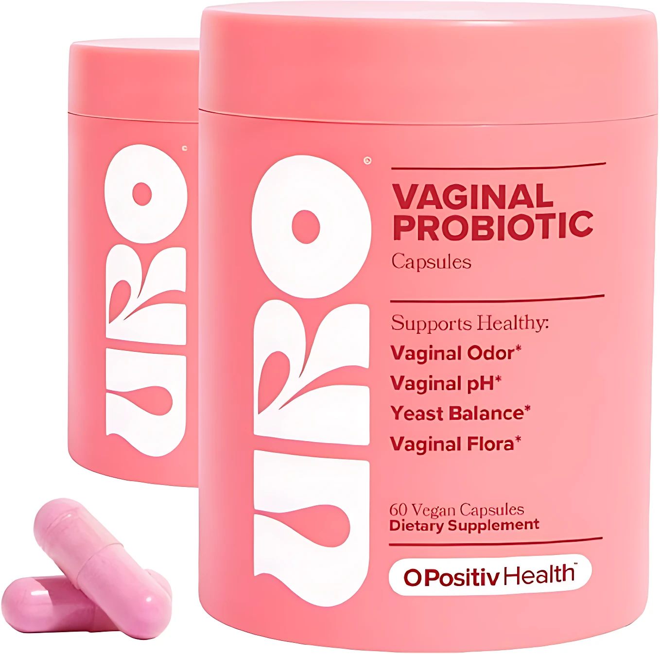 Dos frascos rosados de probióticos vaginales URO, con cápsulas visibles al frente. Etiqueta indica 60 cápsulas veganas para flora vaginal saludable.