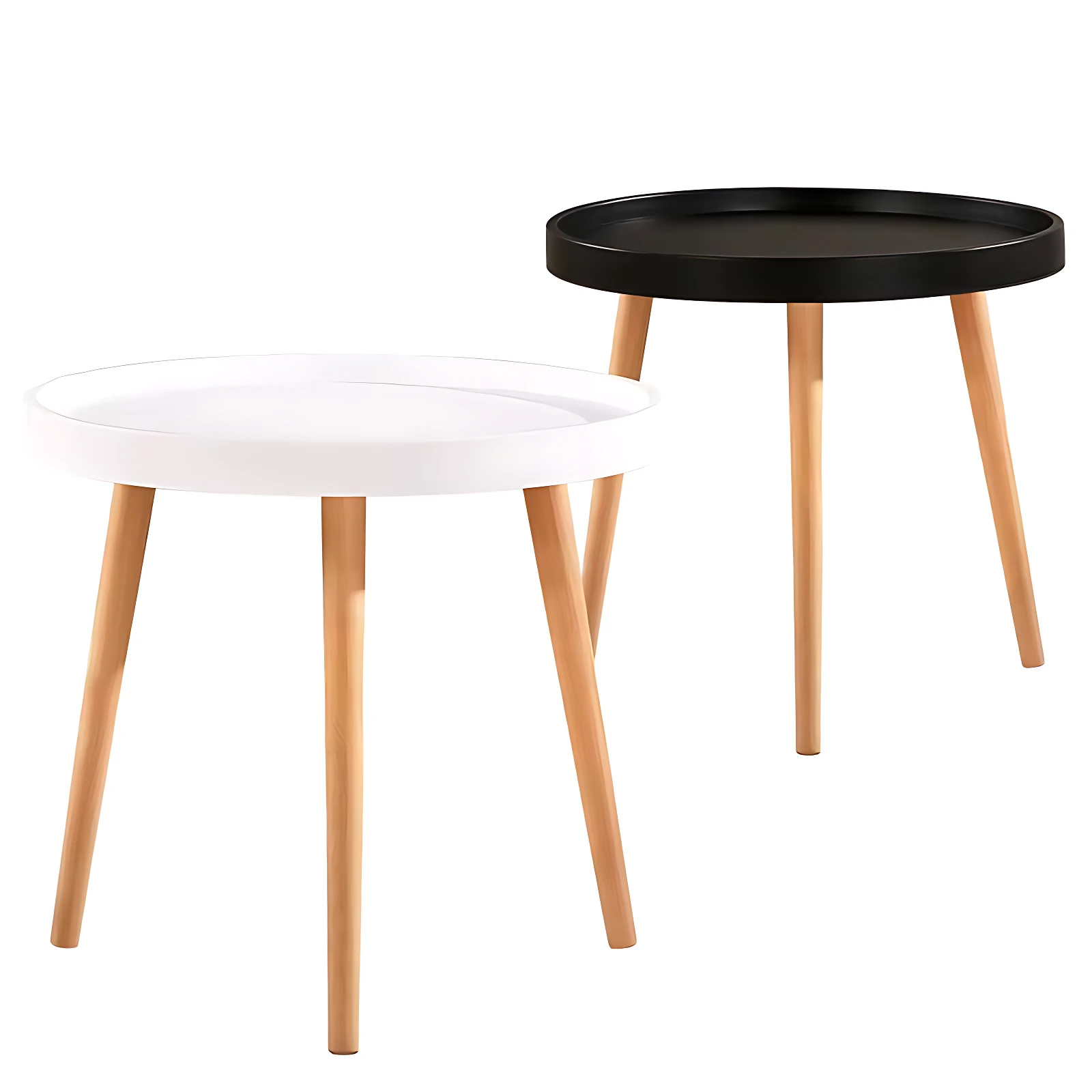 Mesa auxiliar redonda pequeña con patas de madera, disponible en blanco y negro. Diseño minimalista para optimizar espacios sin obstruir circulación.