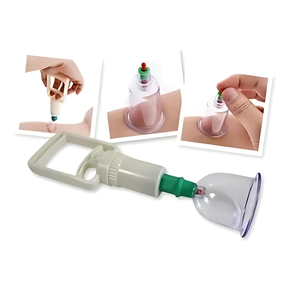 Copa de vacío manual con mango ergonómico en color beige y verde, diseñada para terapia al vacío. Incluye instrucciones visuales de uso en tres pasos: aplicación, succión y retiro. Ideal para mejorar circulación y reducir flacidez corporal.