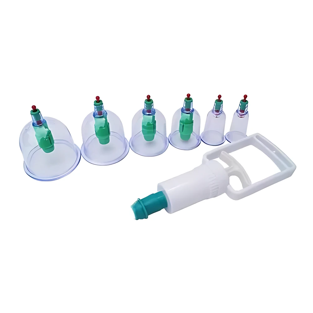 Set de seis copas de vacío transparentes con válvulas verdes y mango blanco para terapia manual.