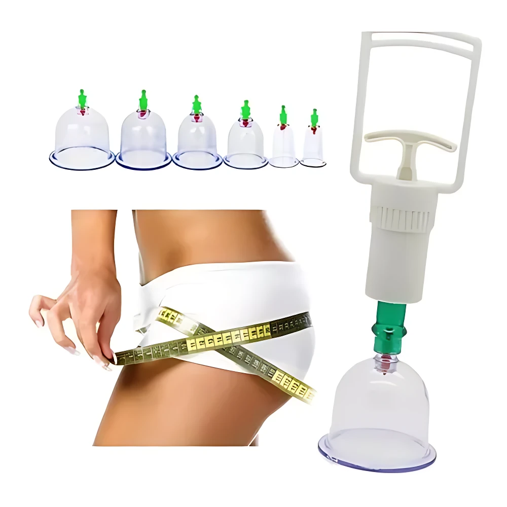 Terapia al vacío manual con 6 copas de plástico transparente y mango ergonómico, mostrando aplicación en cintura con cinta métrica amarilla.