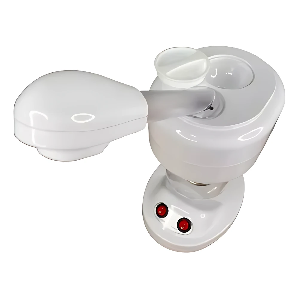 Vaporizador facial blanco con boquilla de masaje y dos luces rojas en base, sobre fondo blanco.