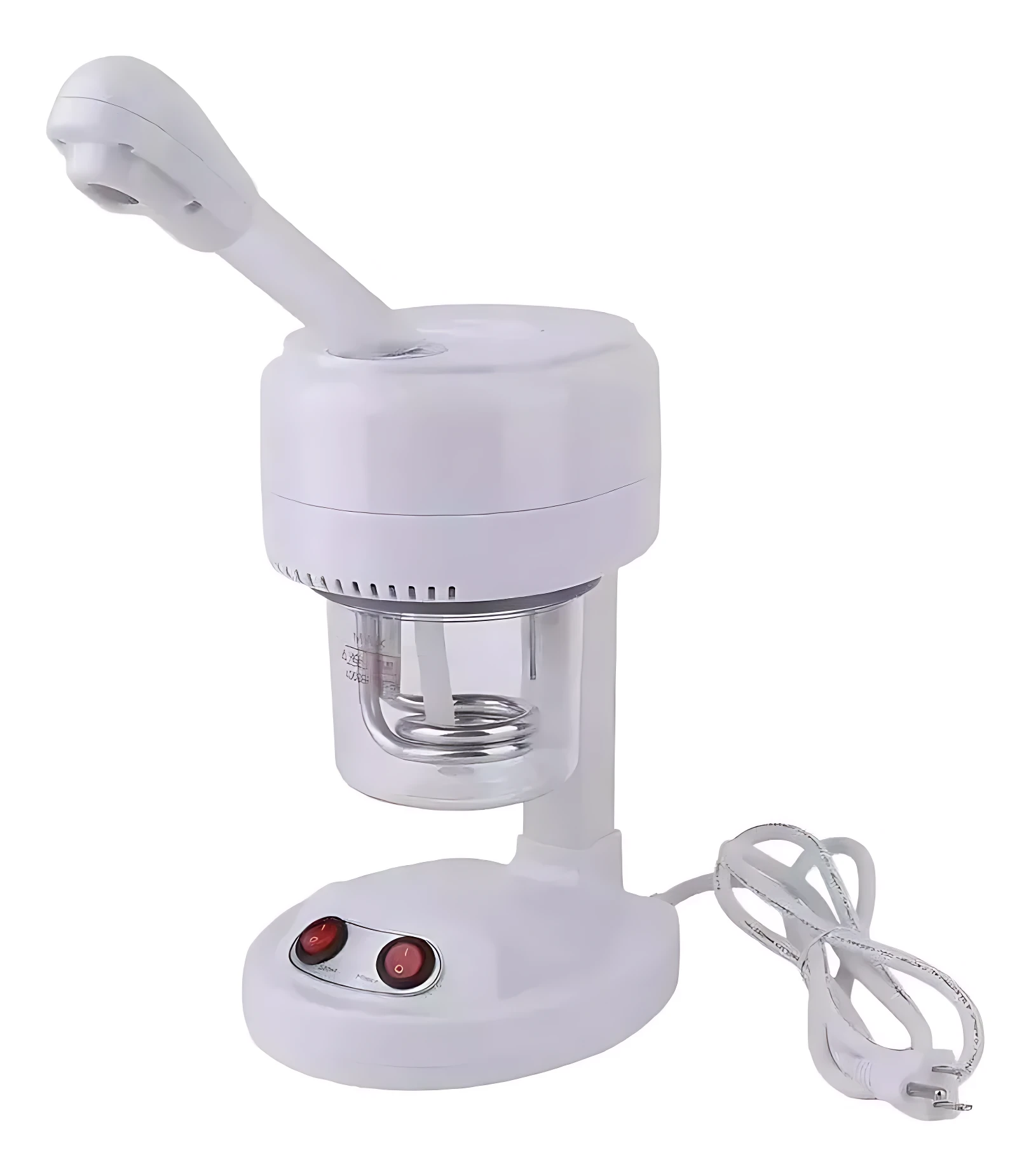 Vaporizador facial blanco con boquilla ergonómica, base con dos botones rojos y cable incluido, diseñado para hidratación y masaje de poros.