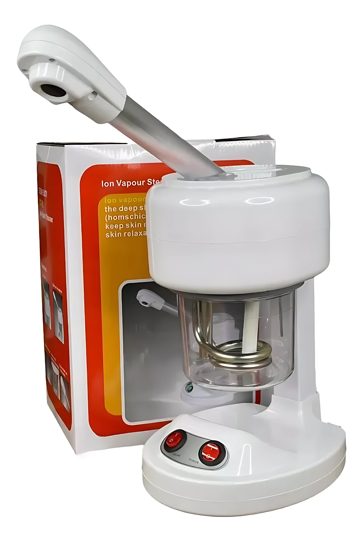 Vaporizador facial blanco con mango ergonómico y base de control, junto a su caja de cartón con diseño naranja y texto informativo.