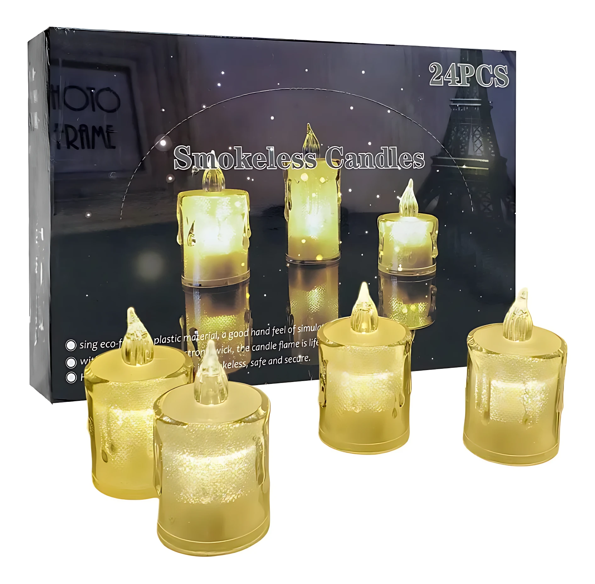 Pack de 24 velas LED de luz cálida, empaquetadas en caja con diseño nocturno. Seis unidades visibles: cuatro cilíndricas amarillas y dos más altas, todas con llama simulada y acabado brillante. Ideales para decoración segura sin humo.