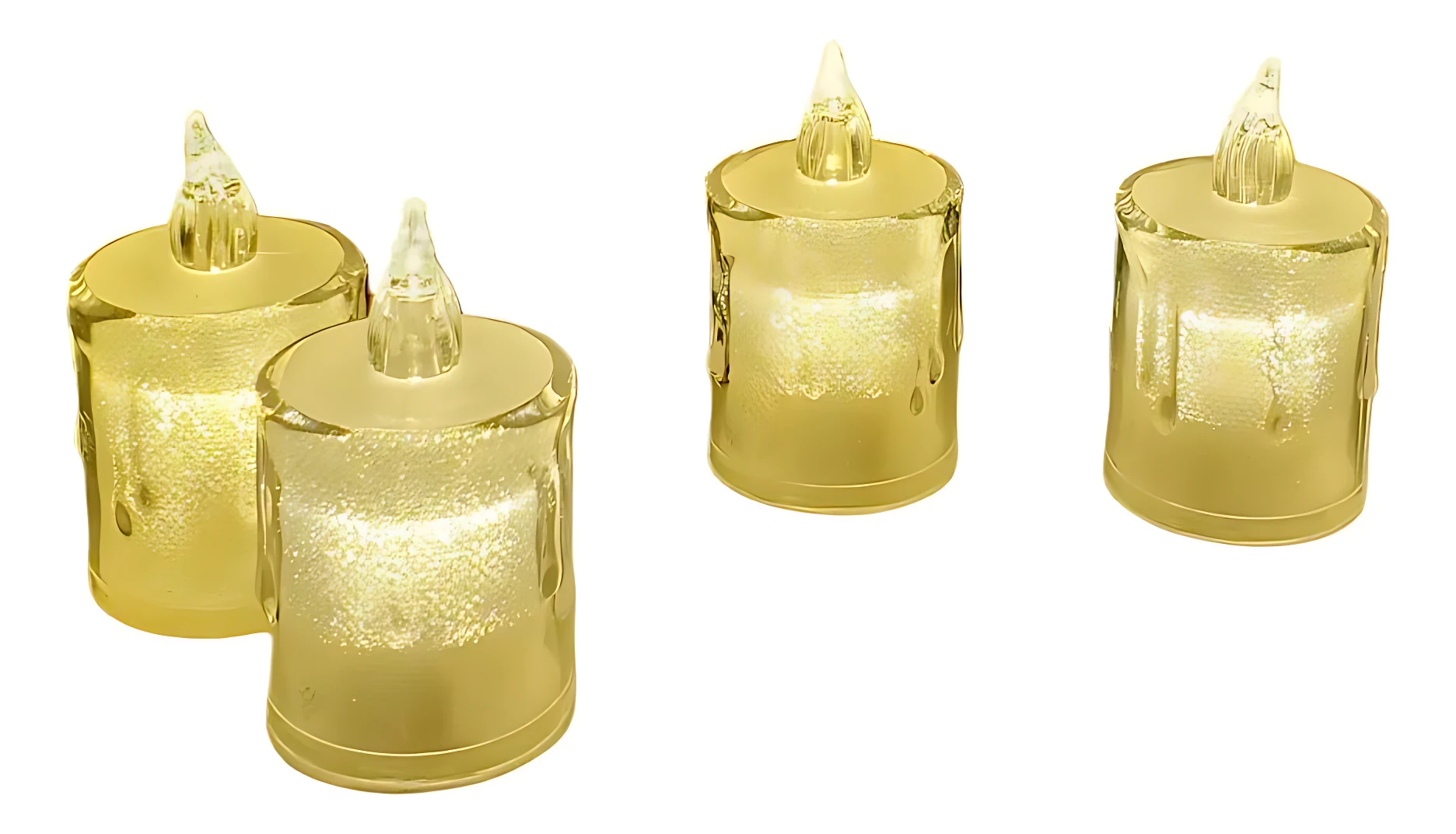 Cuatro velas LED de color dorado con llama simulada encendida, dispuestas en dos grupos de dos sobre fondo blanco.