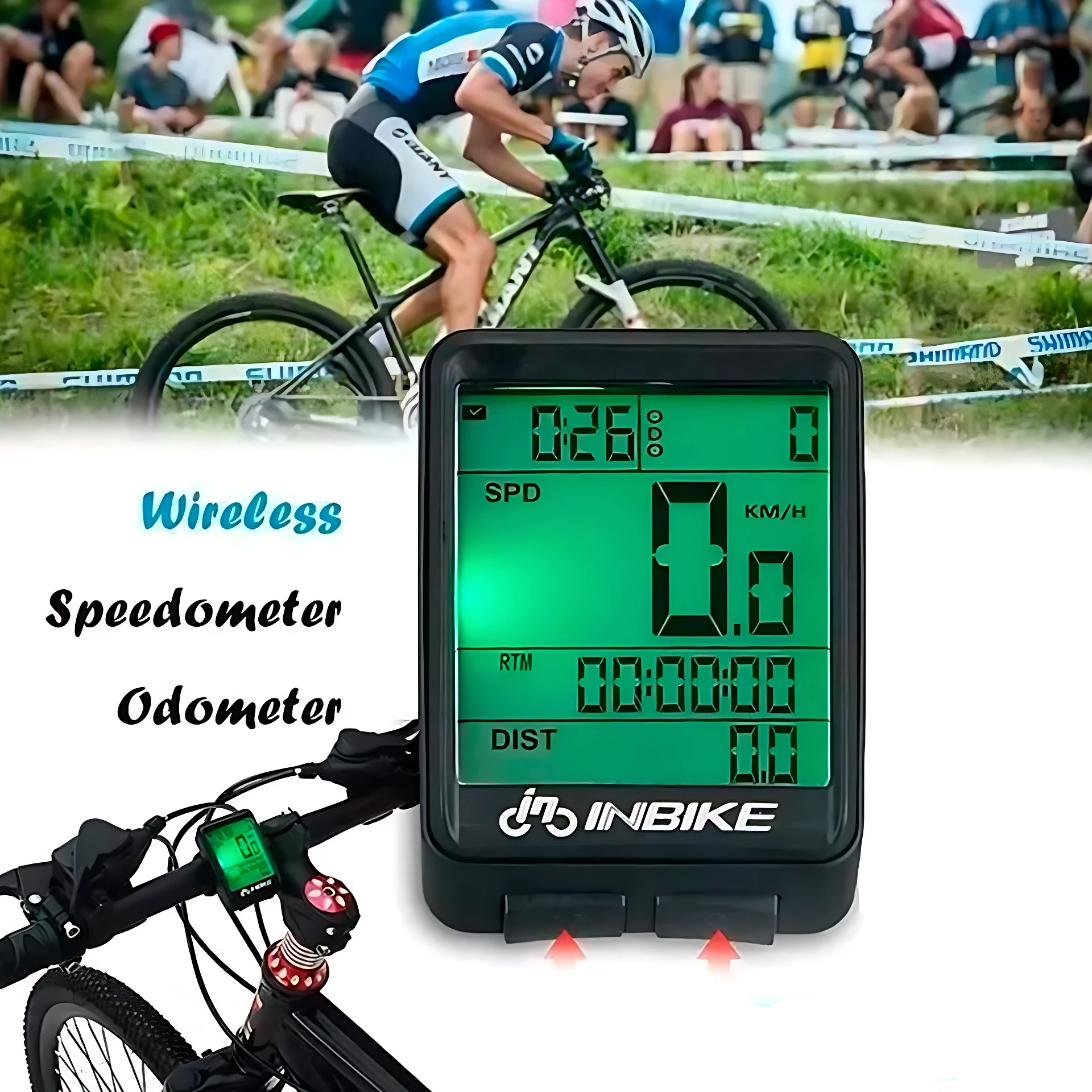 Velocímetro digital inalámbrico INBIKE con pantalla verde, mostrando velocidad, tiempo y distancia, montado en manillar de bicicleta de montaña.