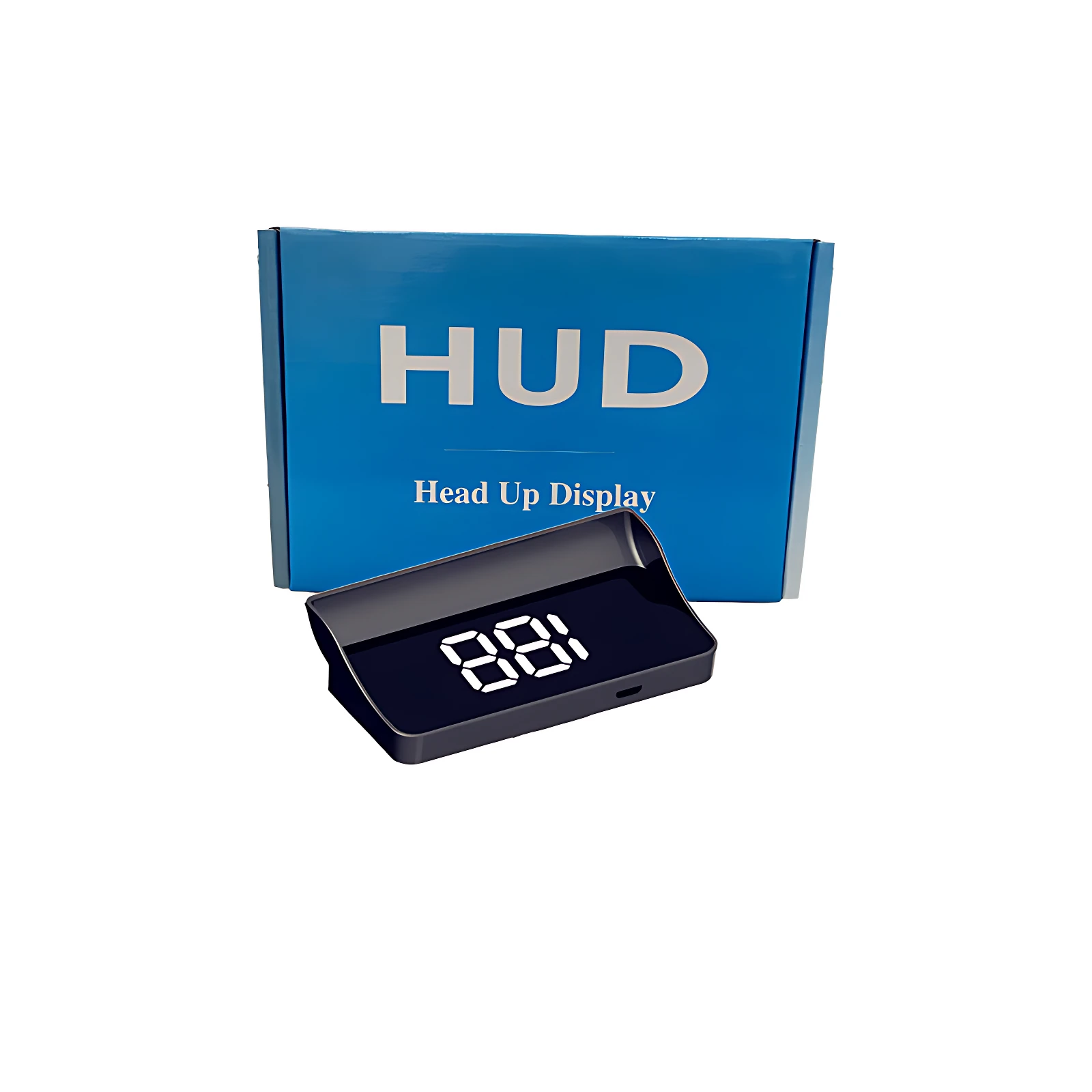 Velocímetro proyector digital LED con pantalla de números blancos sobre fondo negro, acompañado de su caja azul con texto HUD.