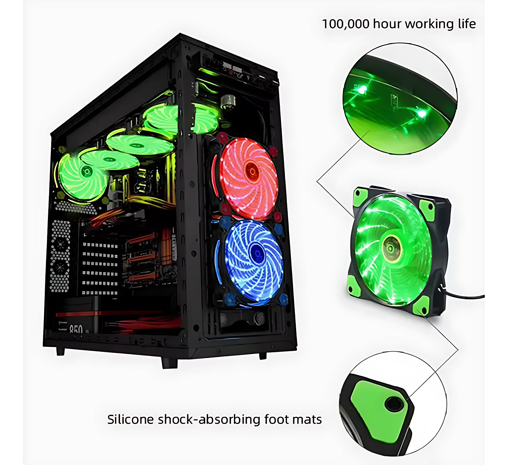 Gabinete PC negro con ventiladores RGB de colores verde, rojo y azul, mostrando detalles como almohadillas antishock y vida útil de 100.000 horas.