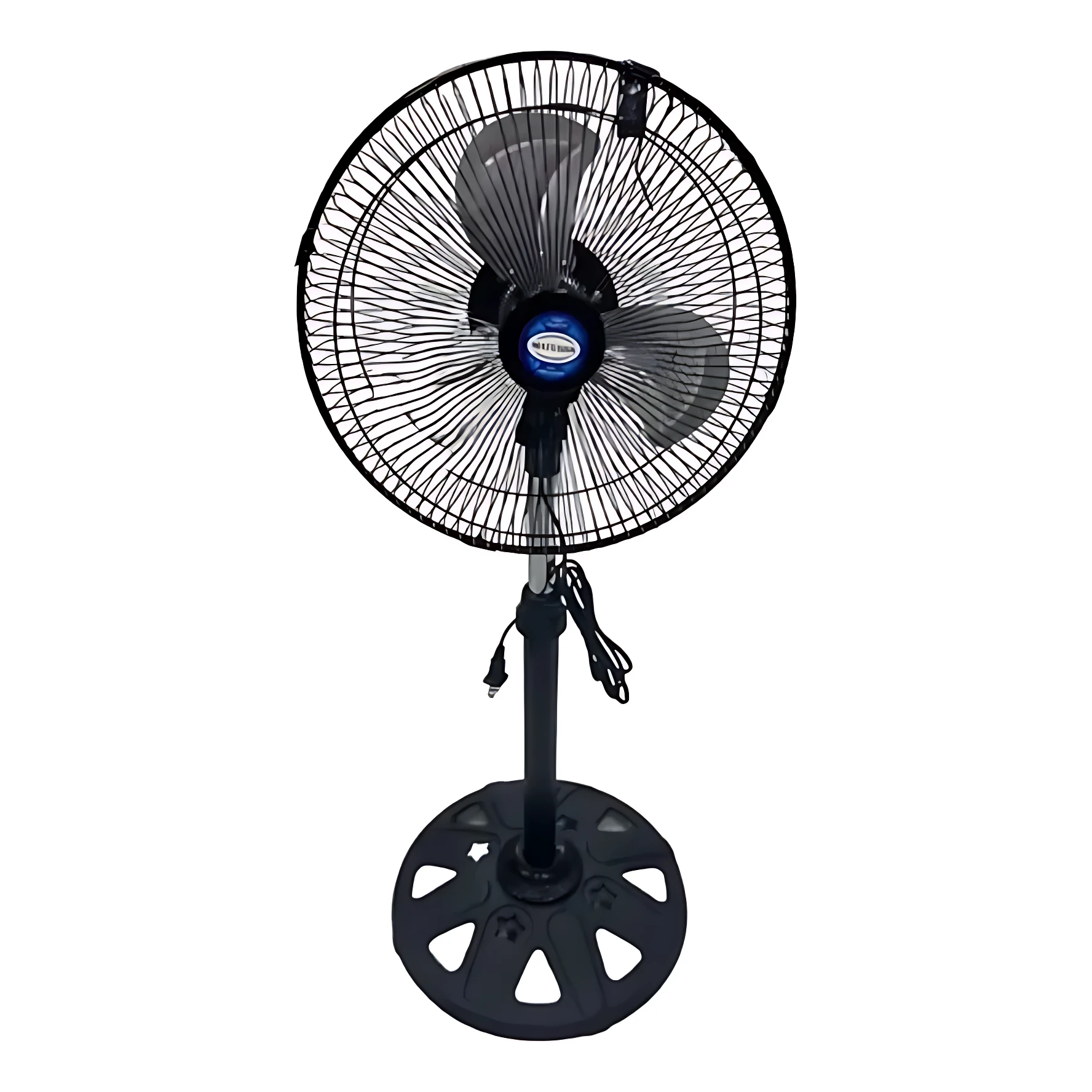 Ventilador de pedestal negro de 12 pulgadas con rejilla circular, tres aspas visibles y base estabilizadora. Incluye cable de alimentación y mando a distancia.
