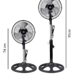 Ventilador pedestal negro de 12 pulgadas, con dos alturas visibles: 74 cm y 95 cm, base circular y rejilla protectora.