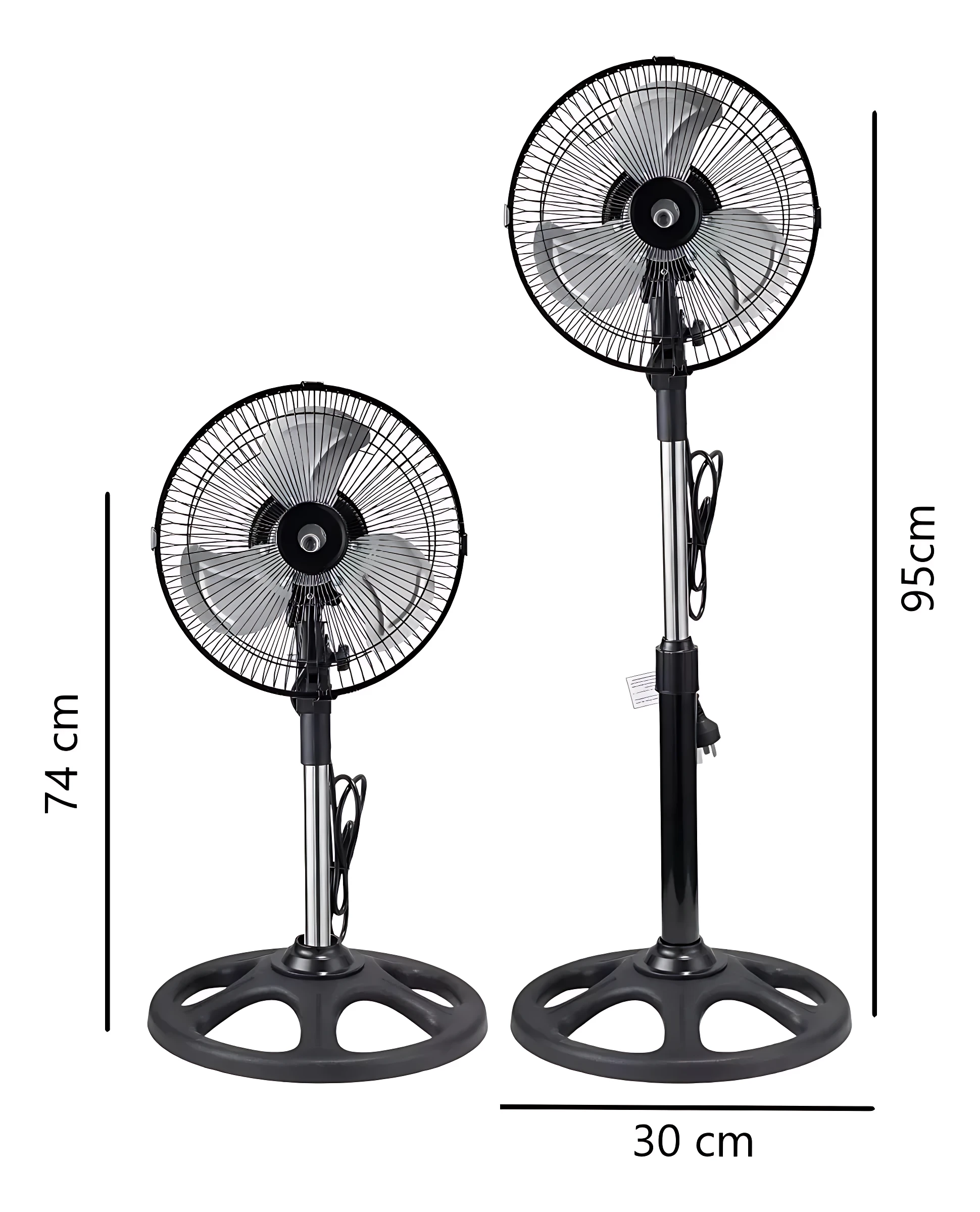 Ventilador pedestal negro de 12 pulgadas, con dos alturas visibles: 74 cm y 95 cm, base circular y rejilla protectora.