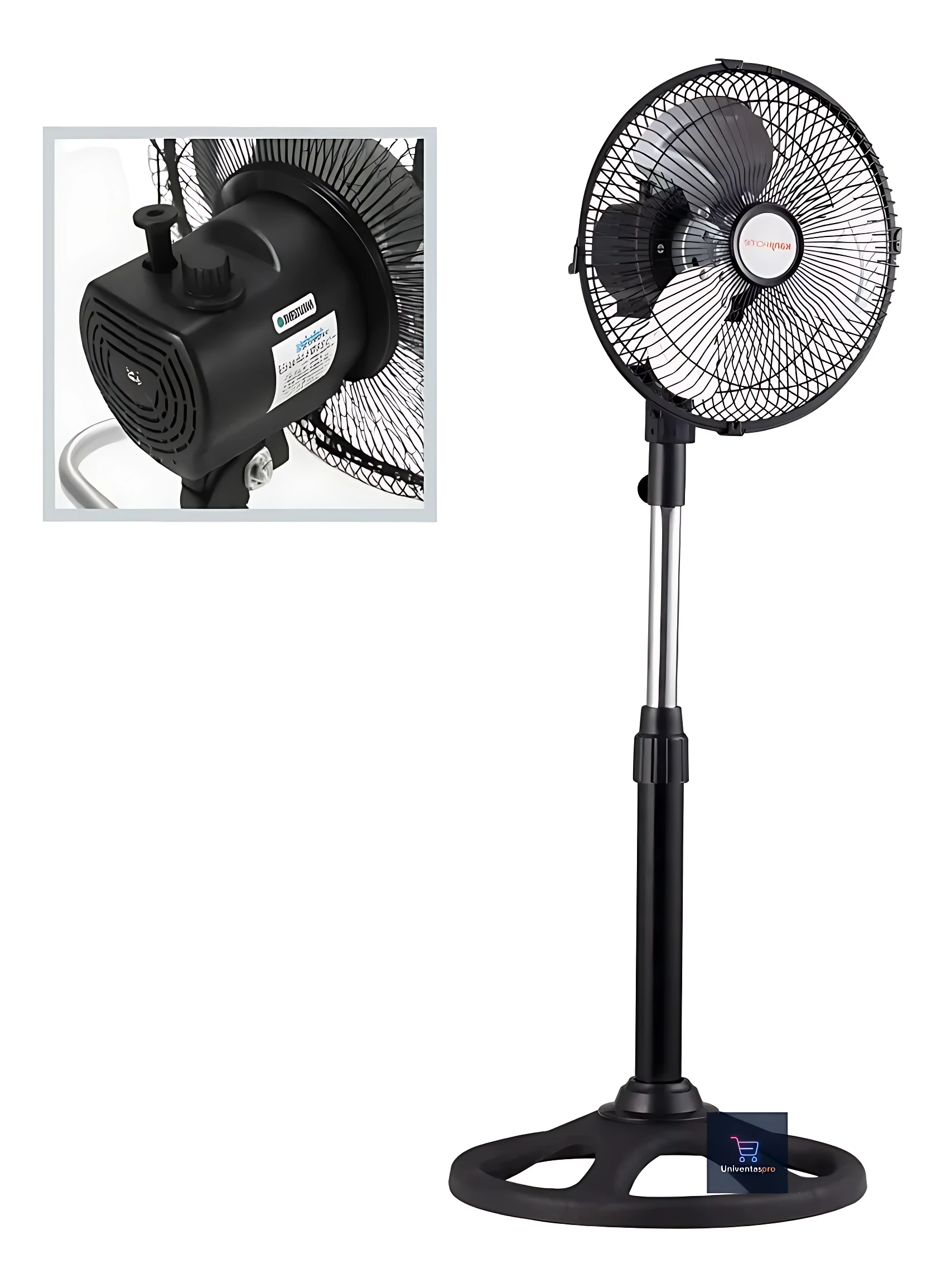 Ventilador de pie negro con rejilla circular, base estabilizadora y mango telescópico; incluye vista detallada del motor trasero.