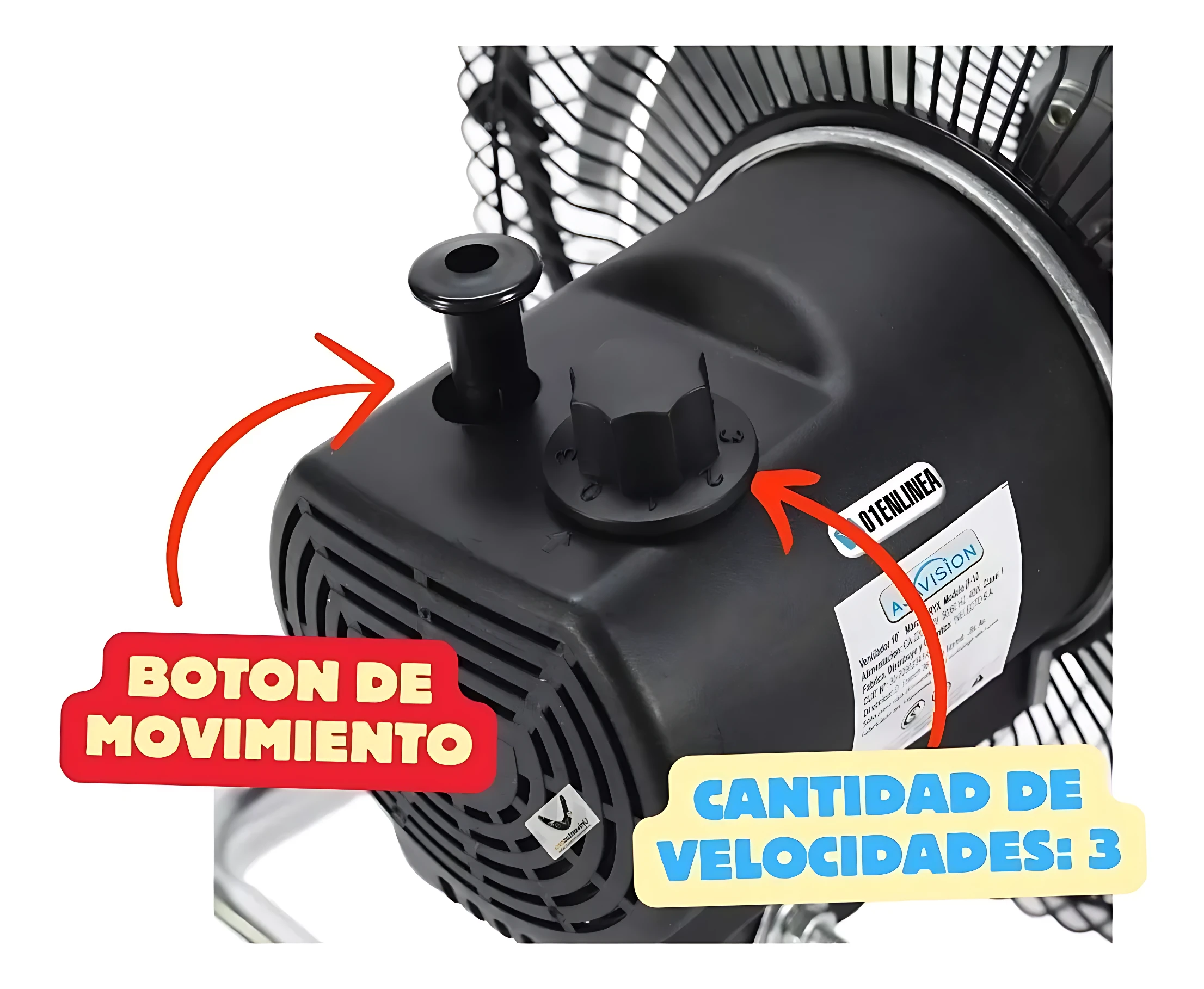 Vista trasera de ventilador pedestal negro, mostrando botón de movimiento y selector de tres velocidades en carcasa plástica con rejilla frontal.