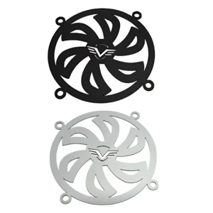 Deflectores de ventilador MotoSteel en acero inoxidable, presentados en dos colores: negro y plateado. Cada pieza cuenta con diseño de aspas y cuatro orificios de montaje.
