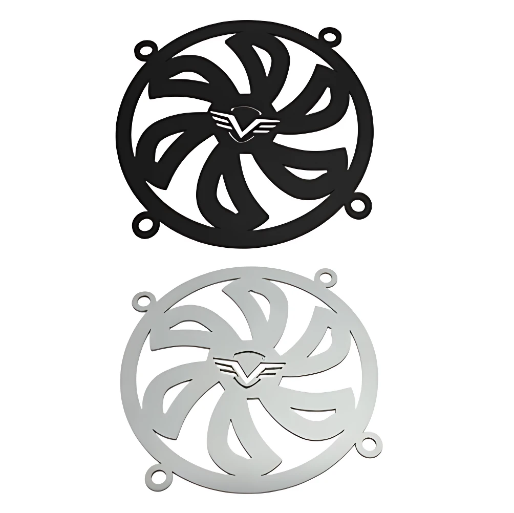 Deflectores de ventilador MotoSteel en acero inoxidable, presentados en dos colores: negro y plateado. Cada pieza cuenta con diseño de aspas y cuatro orificios de montaje.