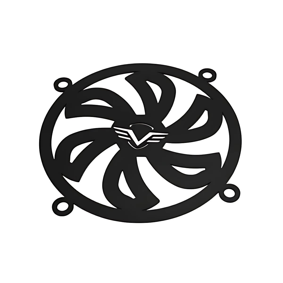 Deflector de ventilador en acero inoxidable, diseño circular con cuatro orificios de montaje y logo central en forma de V estilizada.