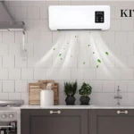 Aire acondicionado blanco montado en pared de cocina con ventilación activa y hojas verdes flotando, sobre encimera con plantas y utensilios.