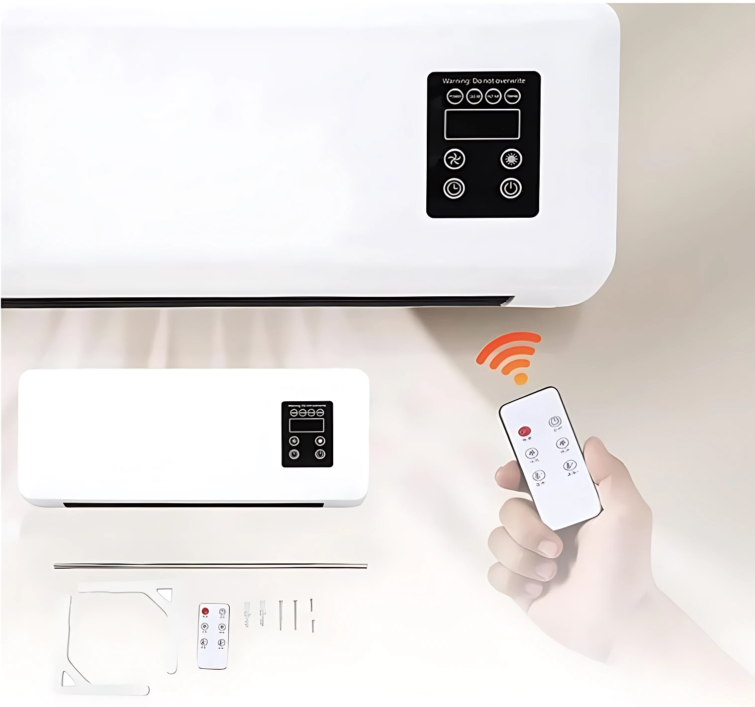 Ventilador de pared blanco con panel de control digital, mando a distancia inalámbrico y accesorios incluidos en presentación.
