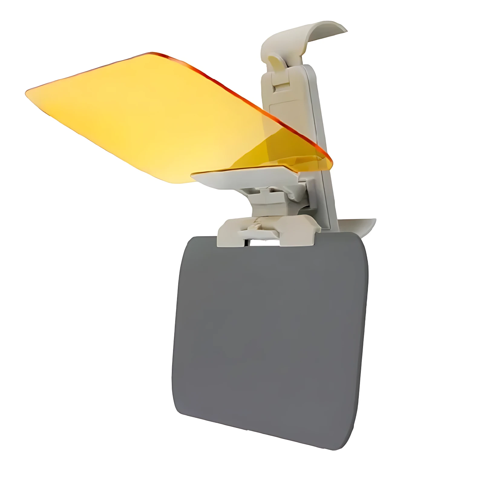 Visera para coche con lentes intercambiables: una en amarillo y otra en gris, montadas en soporte blanco. Reduce deslumbramiento solar.