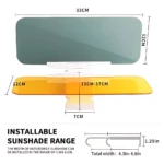 Visera solar para coche con lentes intercambiables: panel superior gris de 32x12 cm y lente inferior amarillo ajustable entre 11 y 17 cm, con base de 7 cm.