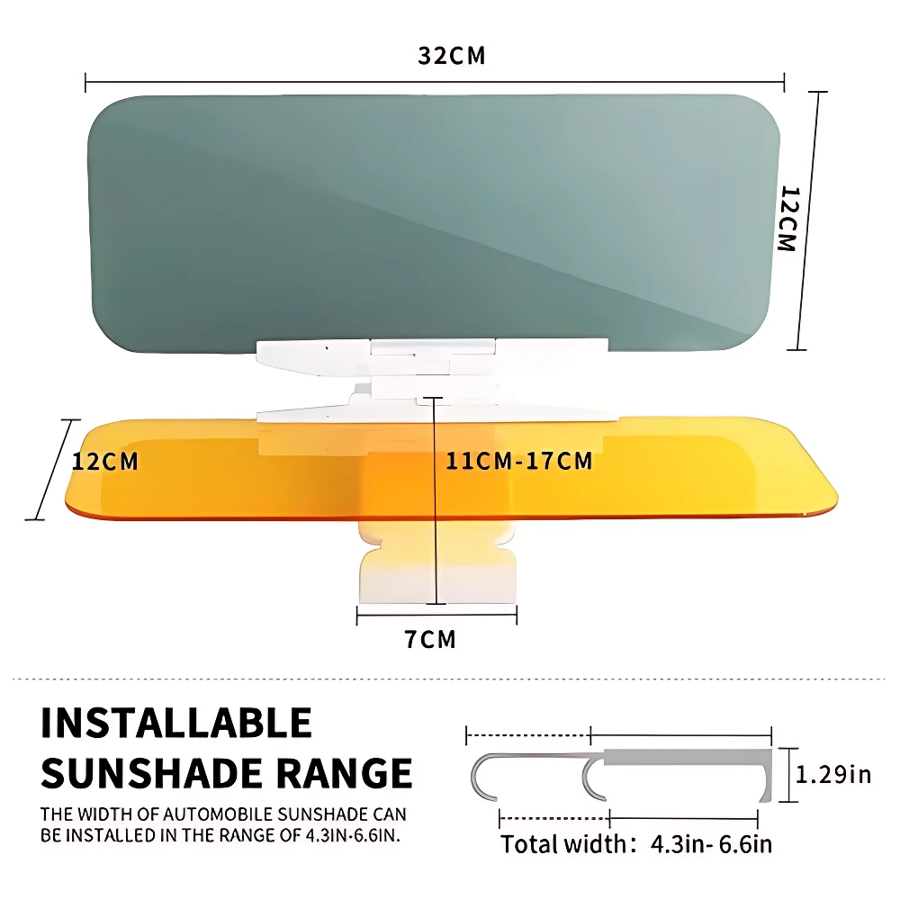 Visera solar para coche con lentes intercambiables: panel superior gris de 32x12 cm y lente inferior amarillo ajustable entre 11 y 17 cm, con base de 7 cm.