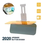 Visera para parabrisas de coche con lentes intercambiables en tonos ámbar y gris, diseño ergonómico con soporte ajustable y botón de operación.
