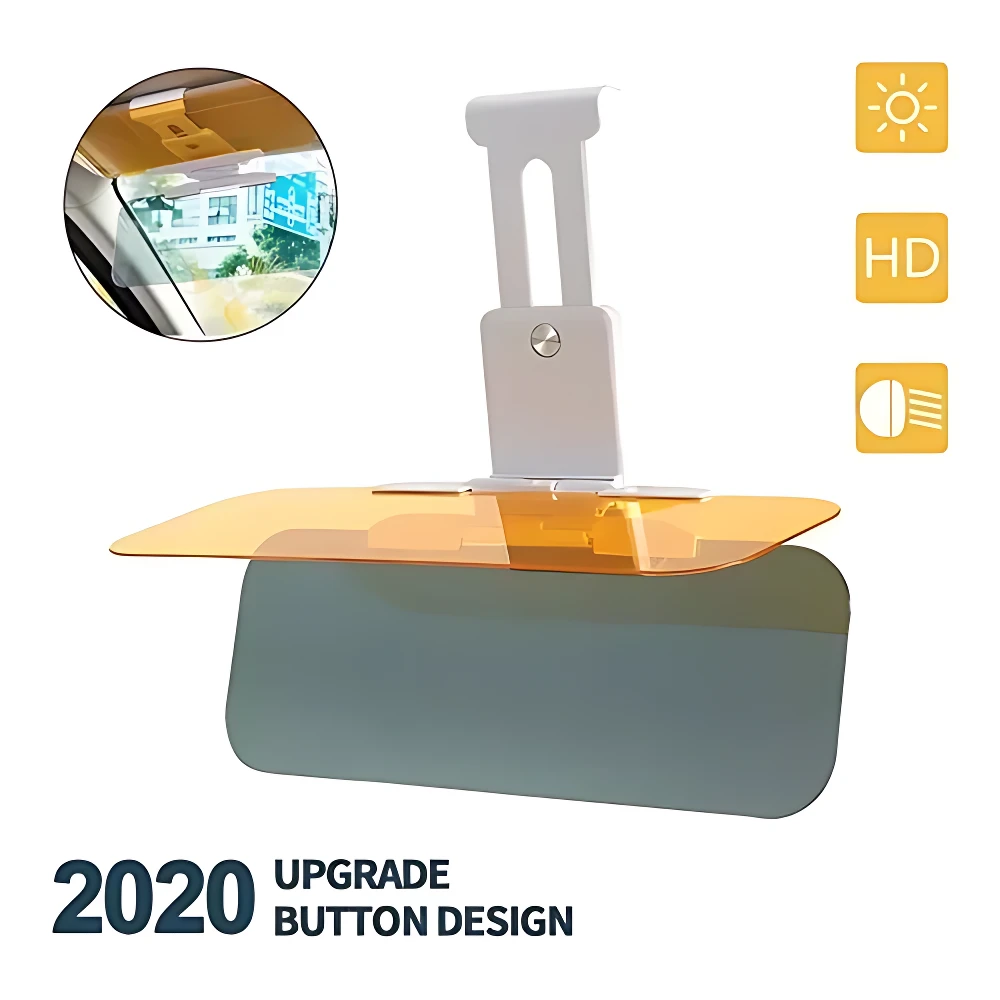 Visera para parabrisas de coche con lentes intercambiables en tonos ámbar y gris, diseño ergonómico con soporte ajustable y botón de operación.