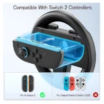 Volante negro compatible con controles Switch 2, mostrando inserción de mando azul en compartimento frontal. Incluye diagrama inferior que indica compatibilidad con N-Switch 2 (marcado con check verde) y no con modelos originales u OLED (marcado con X roja).