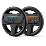 Volante de control doble para Nintendo Switch 2 en negro, con dos unidades apiladas mostrando detalles de botones y palancas en azul y naranja.