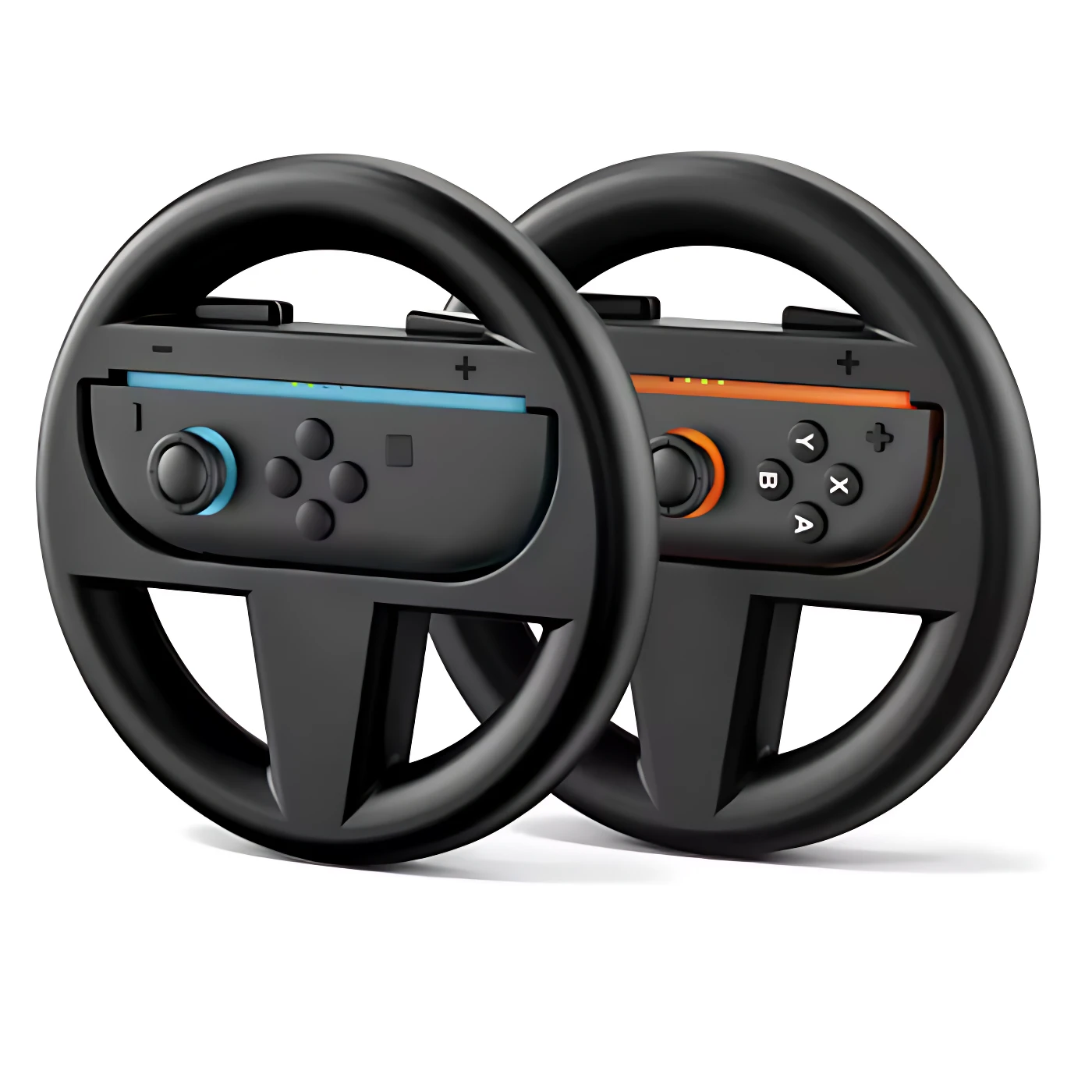 Volante de control doble para Nintendo Switch 2 en negro, con dos unidades apiladas mostrando detalles de botones y palancas en azul y naranja.