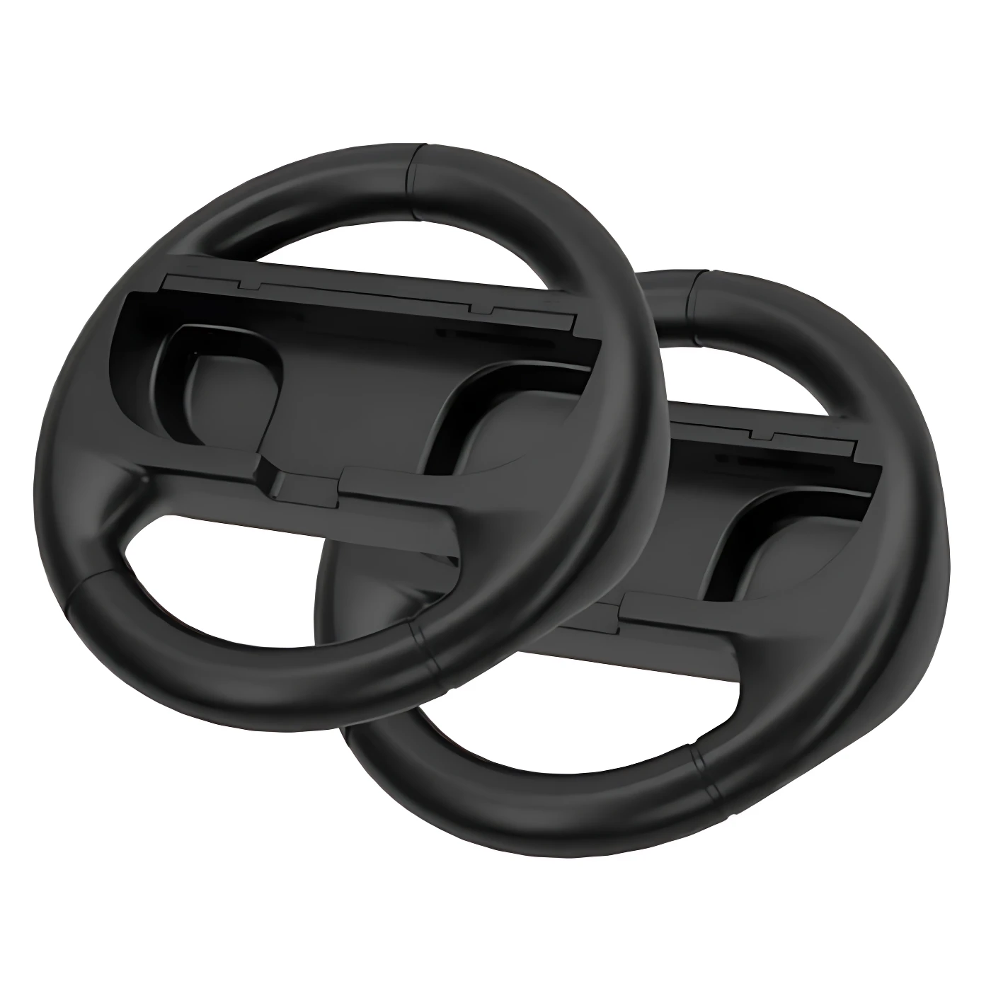 Dos volantes de control para Nintendo Switch 2 en color negro, con textura suave y diseño ergonómico, dispuestos uno sobre el otro.