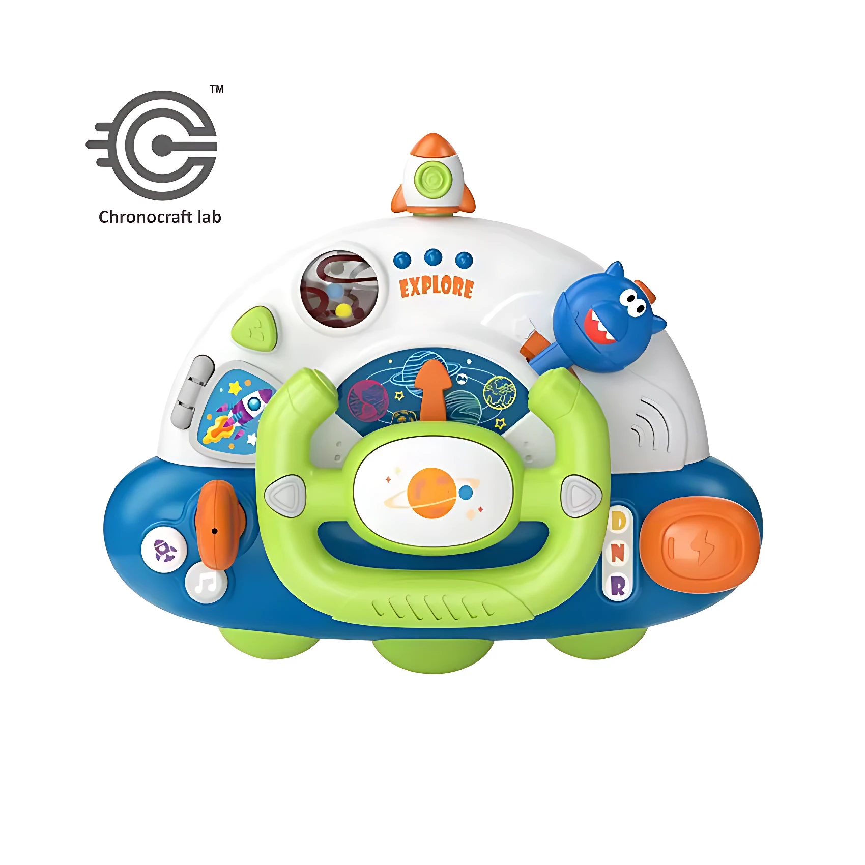 Volante de simulación espacial infantil en colores azul, verde y blanco, con palanca de cambios, luces, sonidos y detalles temáticos como cohete y planeta.