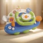 Volante de simulación espacial en azul y verde, con palanca naranja, botones interactivos y diseño ergonómico para niños.