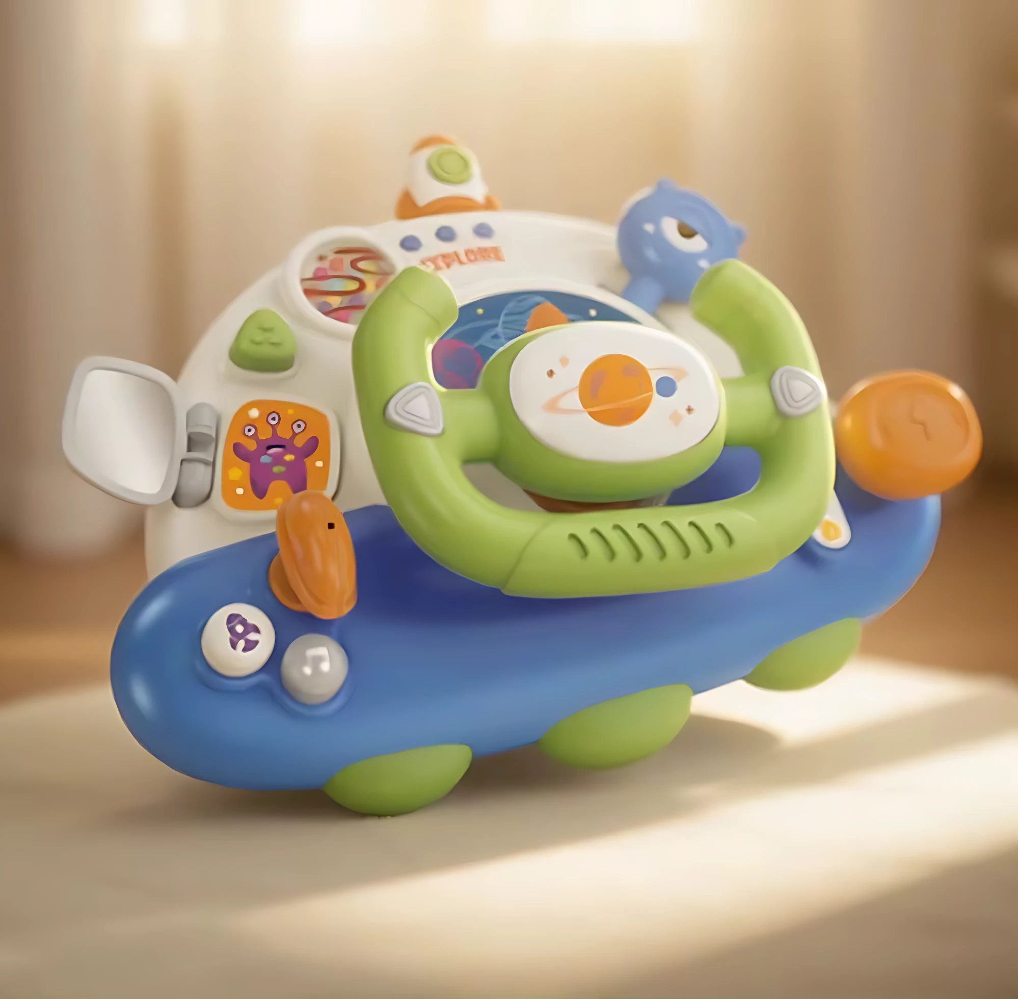 Volante de simulación espacial en azul y verde, con palanca naranja, botones interactivos y diseño ergonómico para niños.