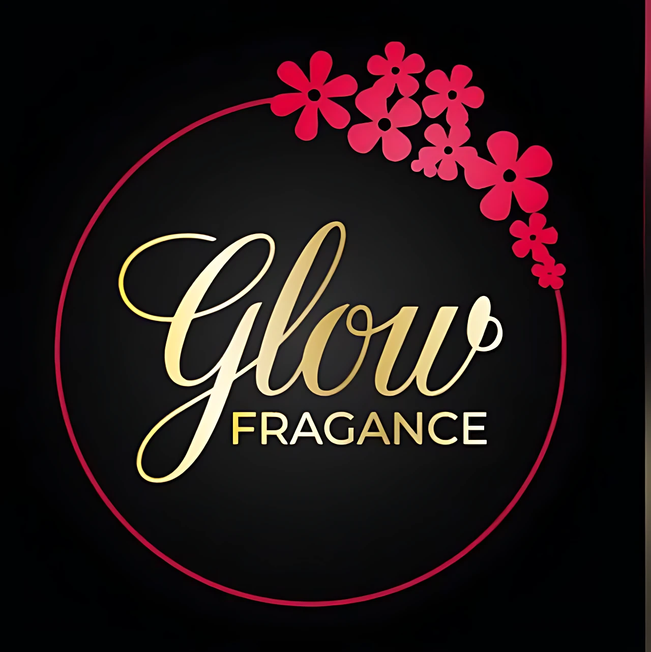 Logo de Glow Fragance con letras doradas y flores rosas sobre fondo negro, dentro de un círculo rojo.