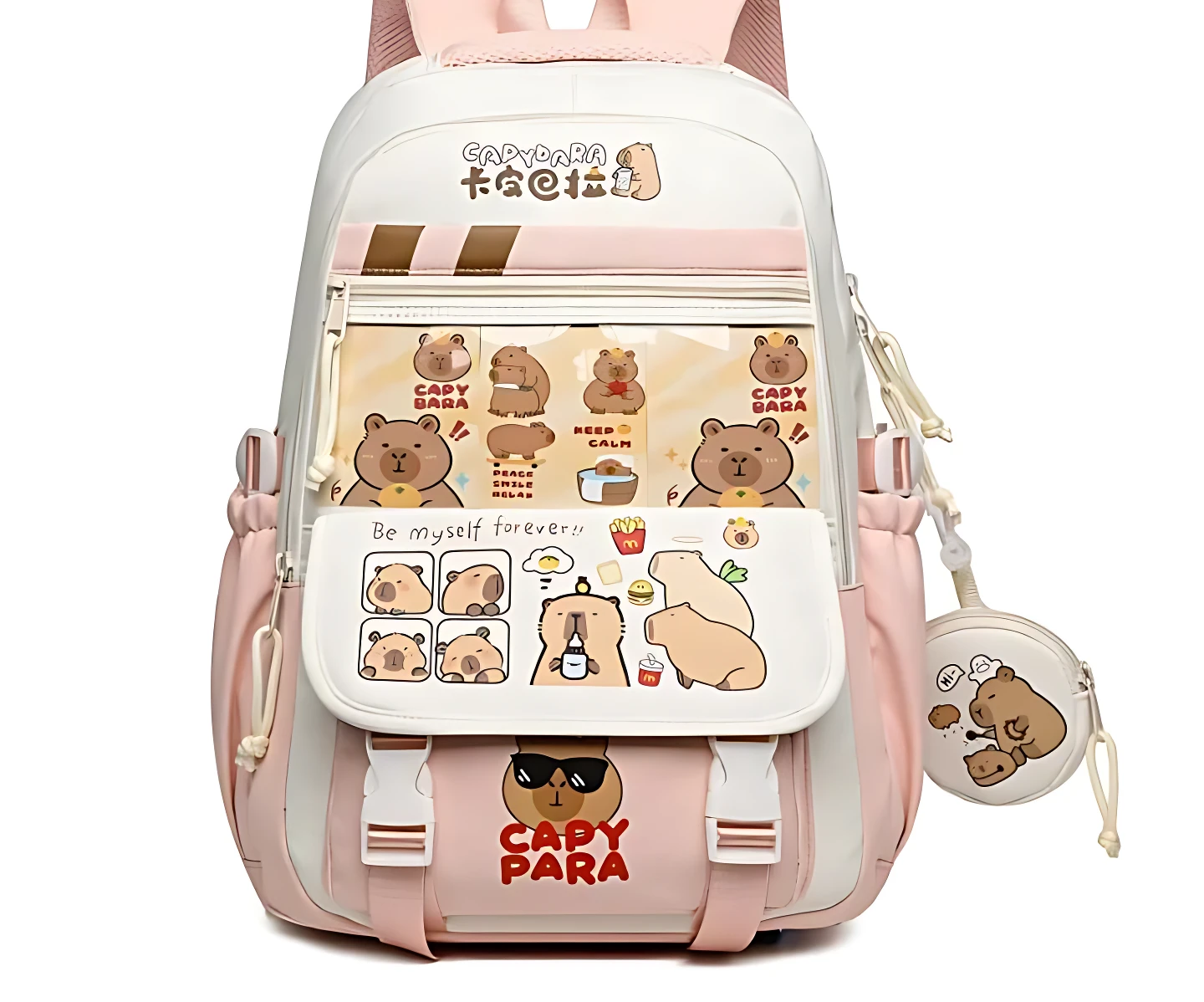 Mochila escolar rosa y blanca con estampado de capibaras, incluye compartimento frontal con ilustraciones y llavero colgante.