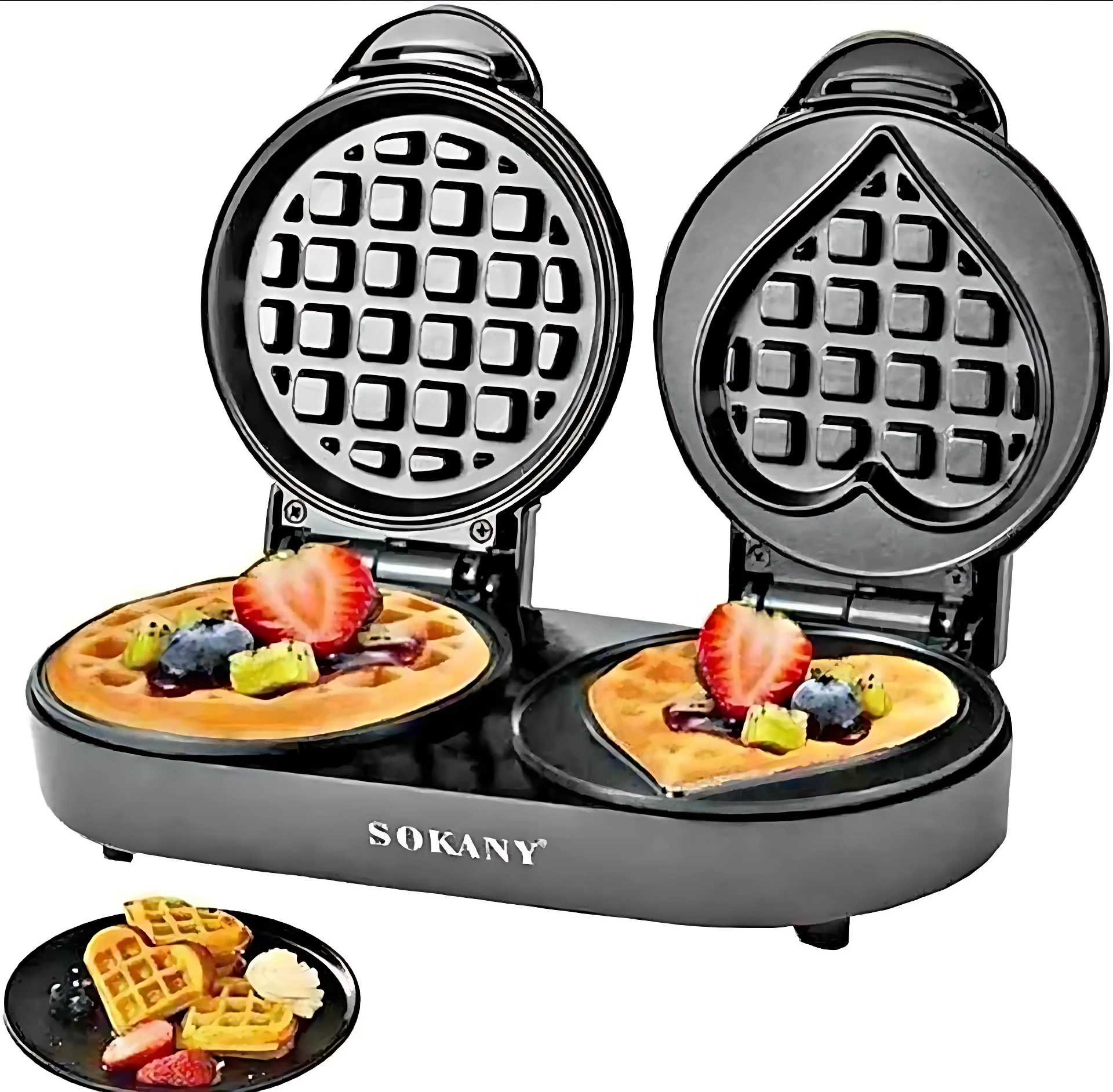Waflera Sokany negra con placas intercambiables, mostrando forma cuadrada y corazón, con waffles decorados con frutas. Incluye plato con waffles adicionales.