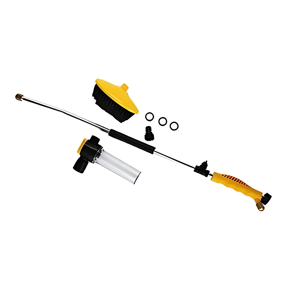 Set de dos lanzas para manguera de alta presión con mango amarillo, boquilla de limpieza, cepillo y accesorios, ideal para lavar autos y fachadas.