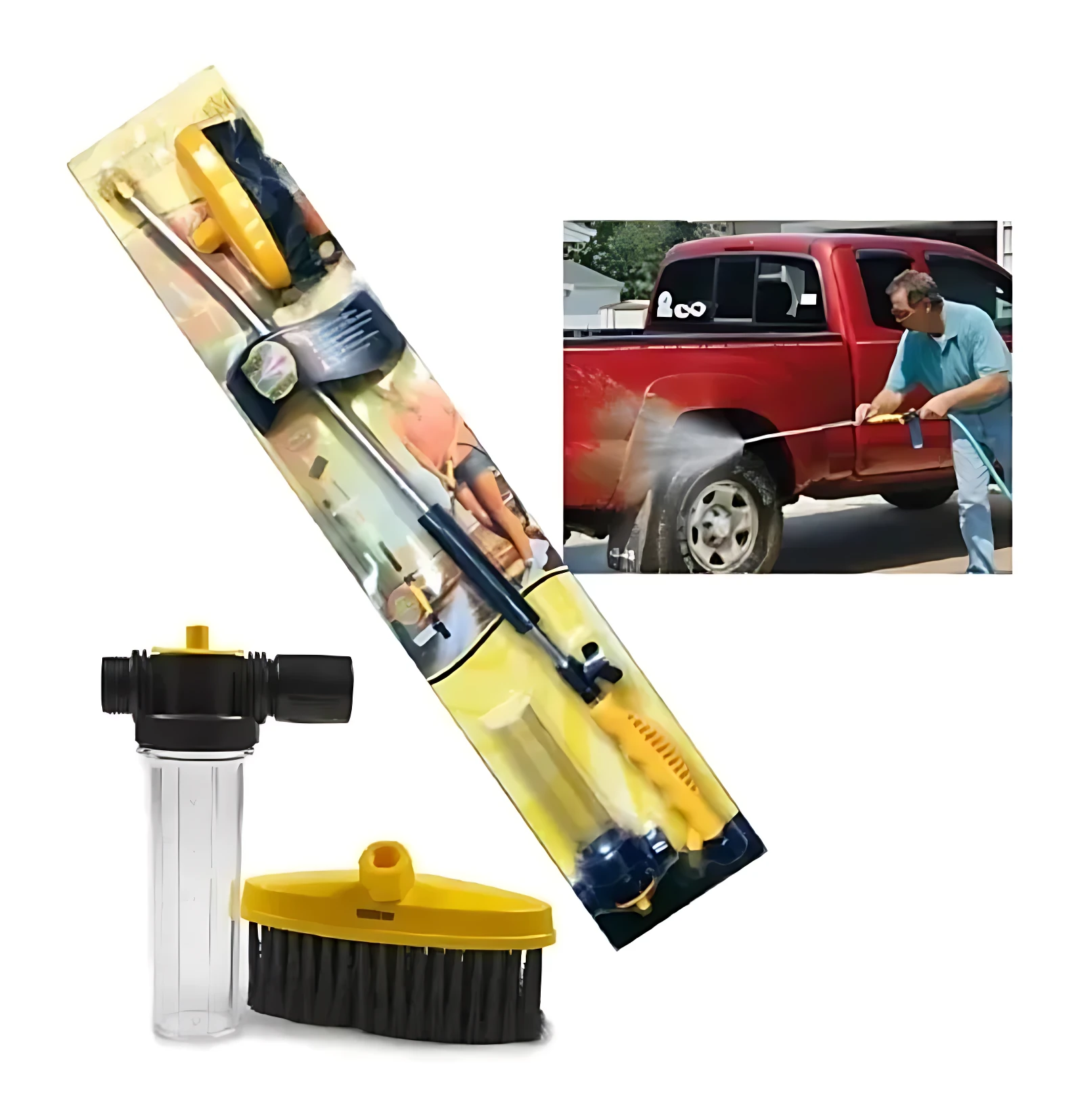 Set de dos lanzas para manguera con filtro y cepillo, en empaque amarillo y negro. Incluye accesorio para limpieza de autos y fachadas con chorro de alta presión.