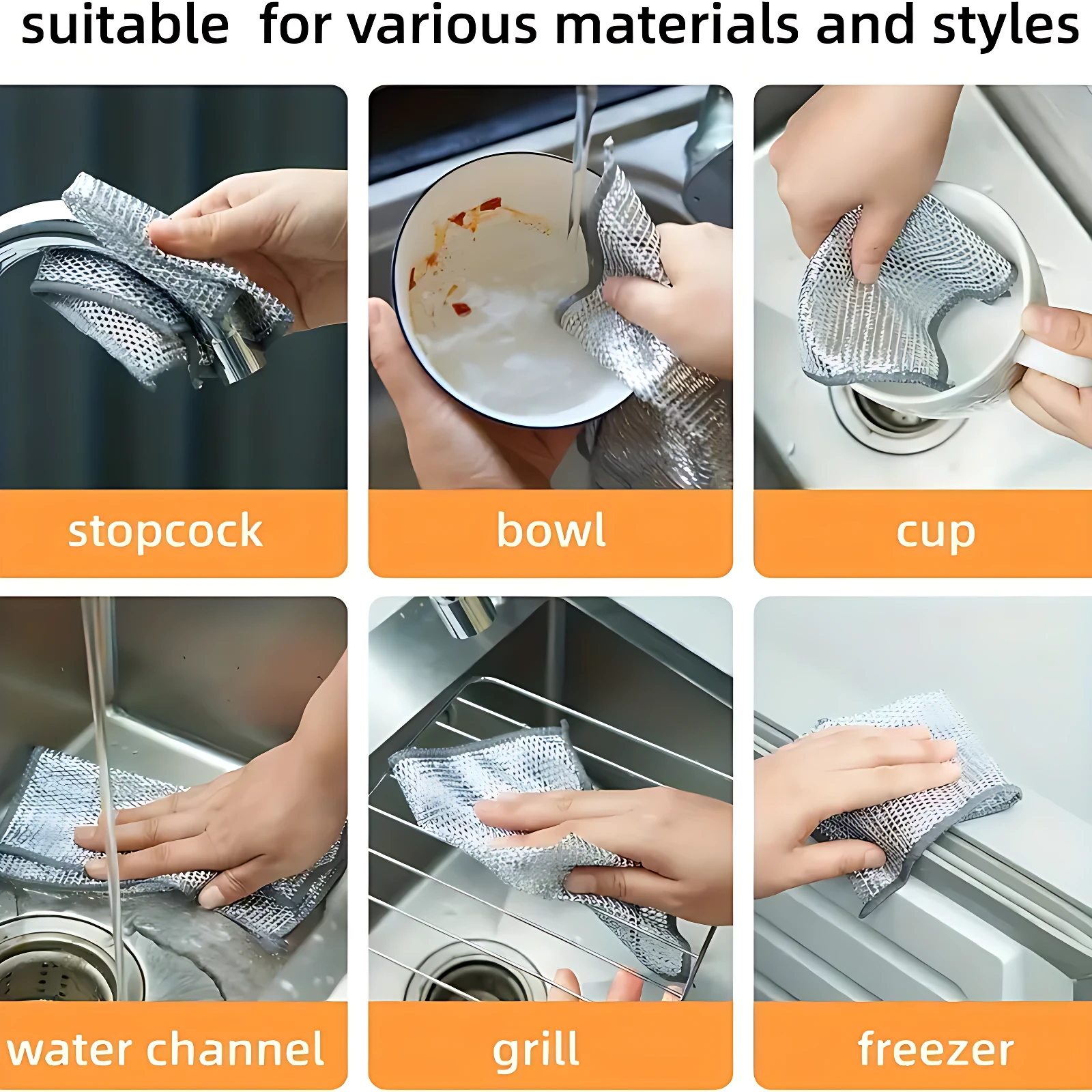 Paño de limpieza con fibra metálica en uso: fregando grifo, lavando taza y bowl, limpiando canal de desagüe, rejilla de horno y congelador. Textura metálica plateada, diseño ergonómico, ideal para superficies delicadas.