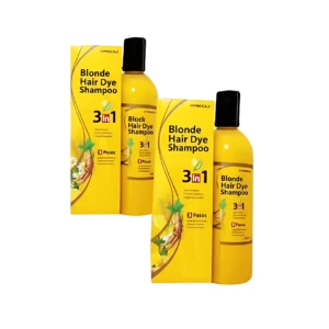 Pack de champú henna negro intenso 3 en 1 que cubre canas, con botella y caja amarillas sobre fondo blanco.