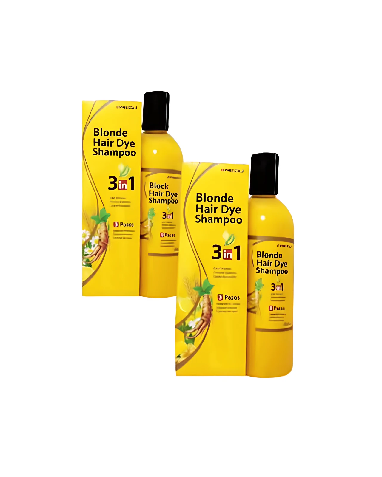 Pack de champú henna negro intenso 3 en 1 que cubre canas, con botella y caja amarillas sobre fondo blanco.