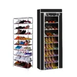 Zapatero de 10 niveles con estantes ajustables, en color negro y blanco, mostrando dos variantes: uno metálico con zapatos de colores y otro de tela con estantes cerrados.