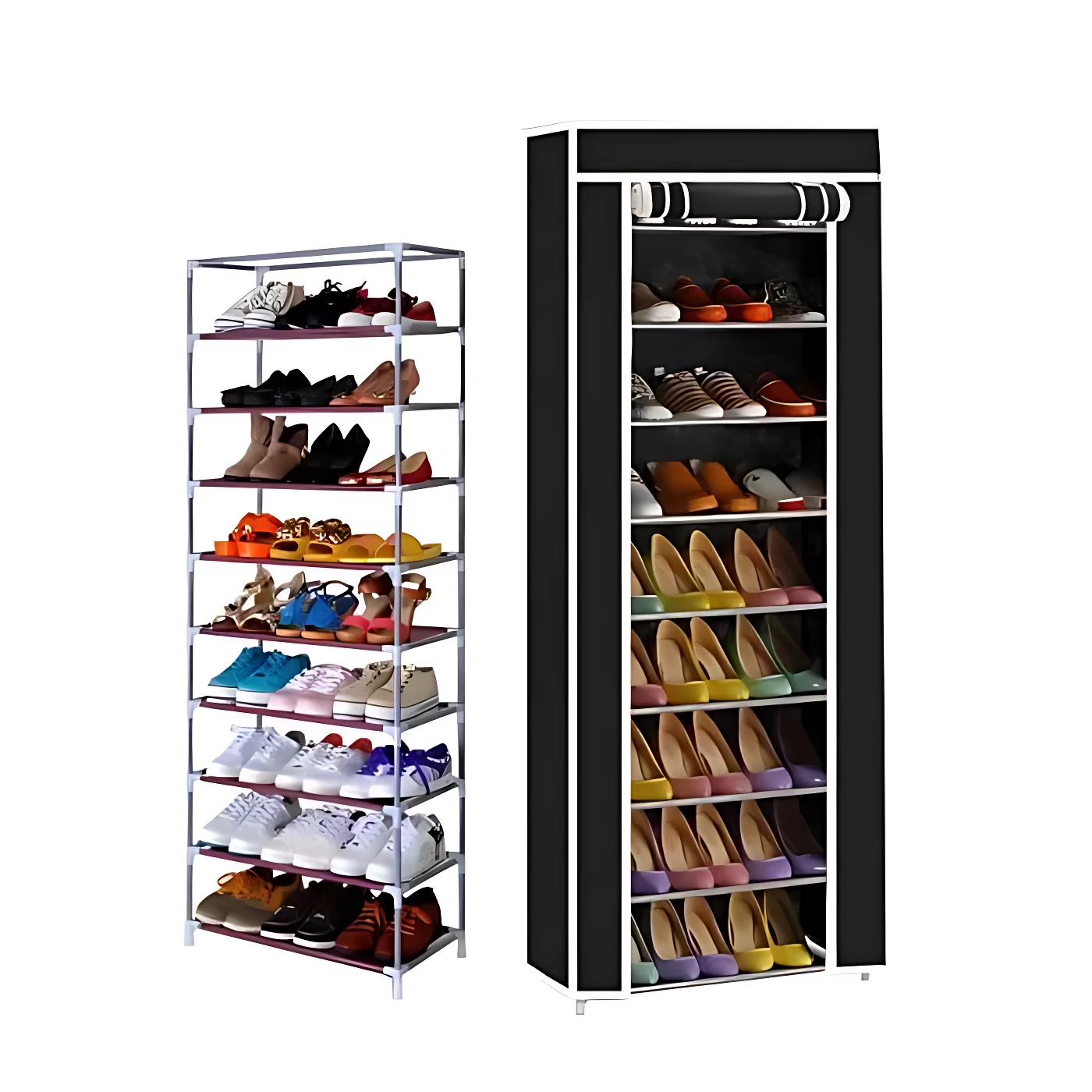 Zapatero de 10 niveles con estantes ajustables, en color negro y blanco, mostrando dos variantes: uno metálico con zapatos de colores y otro de tela con estantes cerrados.