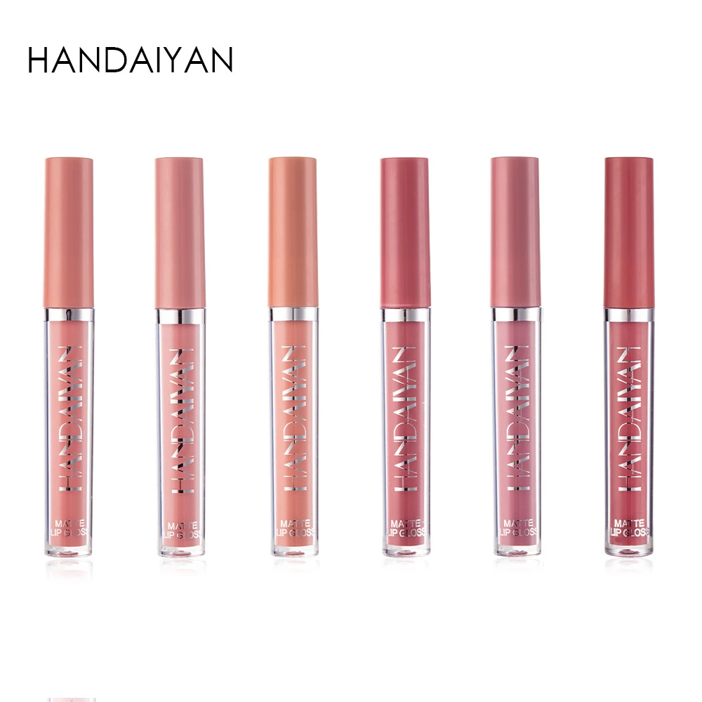 Set de seis labiales mate nude de la marca Handaiyan, presentados en tubos verticales con tapas en tonos rosados y nudes, dispuestos en fila sobre fondo blanco.