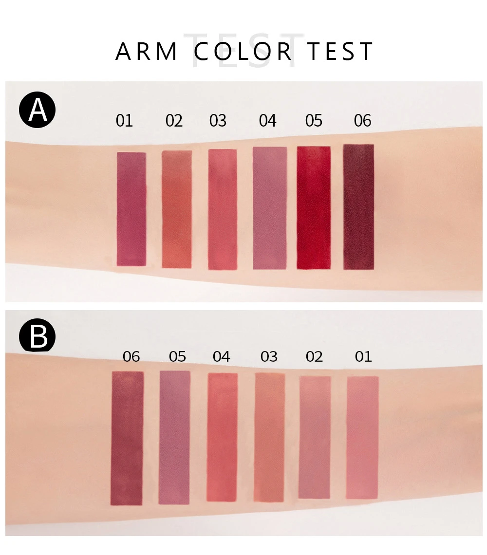 Prueba de color en antebrazo con seis tonos de labial mate nude, numerados del 01 al 06, mostrando variaciones desde rosas suaves hasta rojos intensos.