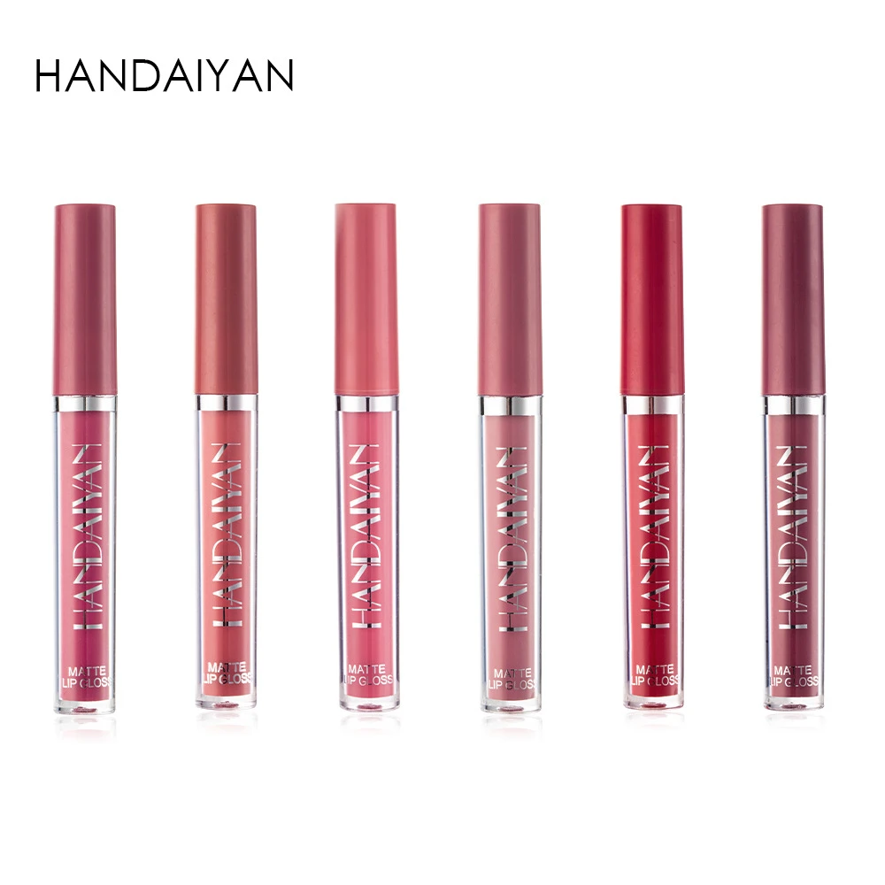 Set de seis labiales mate nude Handaiyan en presentación vertical, mostrando seis tonos distintos desde rosa claro hasta rojo intenso, con etiquetas visibles que indican "MATTE LIP COLOR".