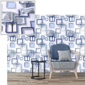 Papel adhesivo decorativo con patrón geométrico en tonos azules y blancos, mostrando árboles estilizados dentro de marcos cuadrados. Incluye vista ampliada del diseño. Ideal para renovar paredes interiores.